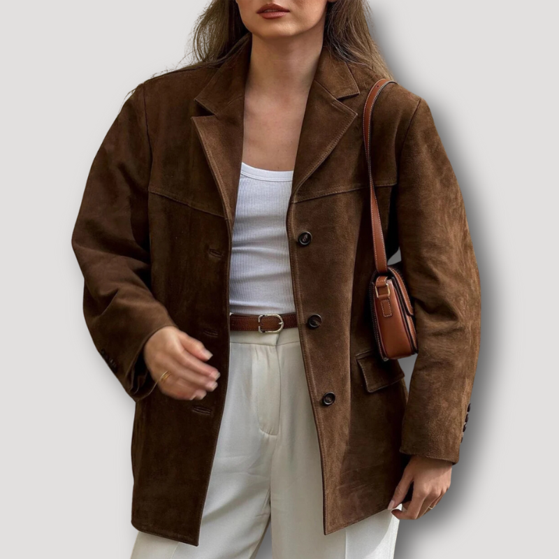 Margaretha - Oversize Braune Wildleder Umlegekragen Lang Jacke