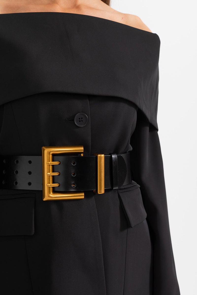Damen Zweiteiler mit schulterfreiem Blazer, langen Ärmeln und langer Hose