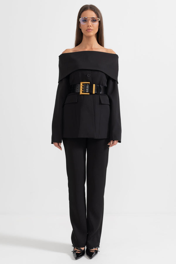 Damen Zweiteiler mit schulterfreiem Blazer, langen Ärmeln und langer Hose