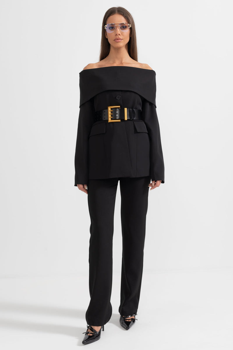 Damen Zweiteiler mit schulterfreiem Blazer, langen Ärmeln und langer Hose