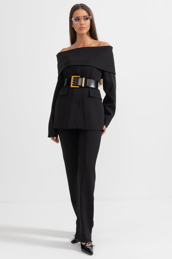 Damen Zweiteiler mit schulterfreiem Blazer, langen Ärmeln und langer Hose