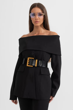 Damen Zweiteiler mit schulterfreiem Blazer, langen Ärmeln und langer Hose
