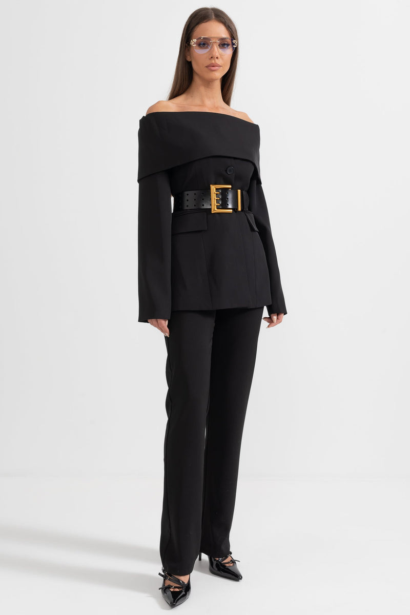 Damen Zweiteiler mit schulterfreiem Blazer, langen Ärmeln und langer Hose