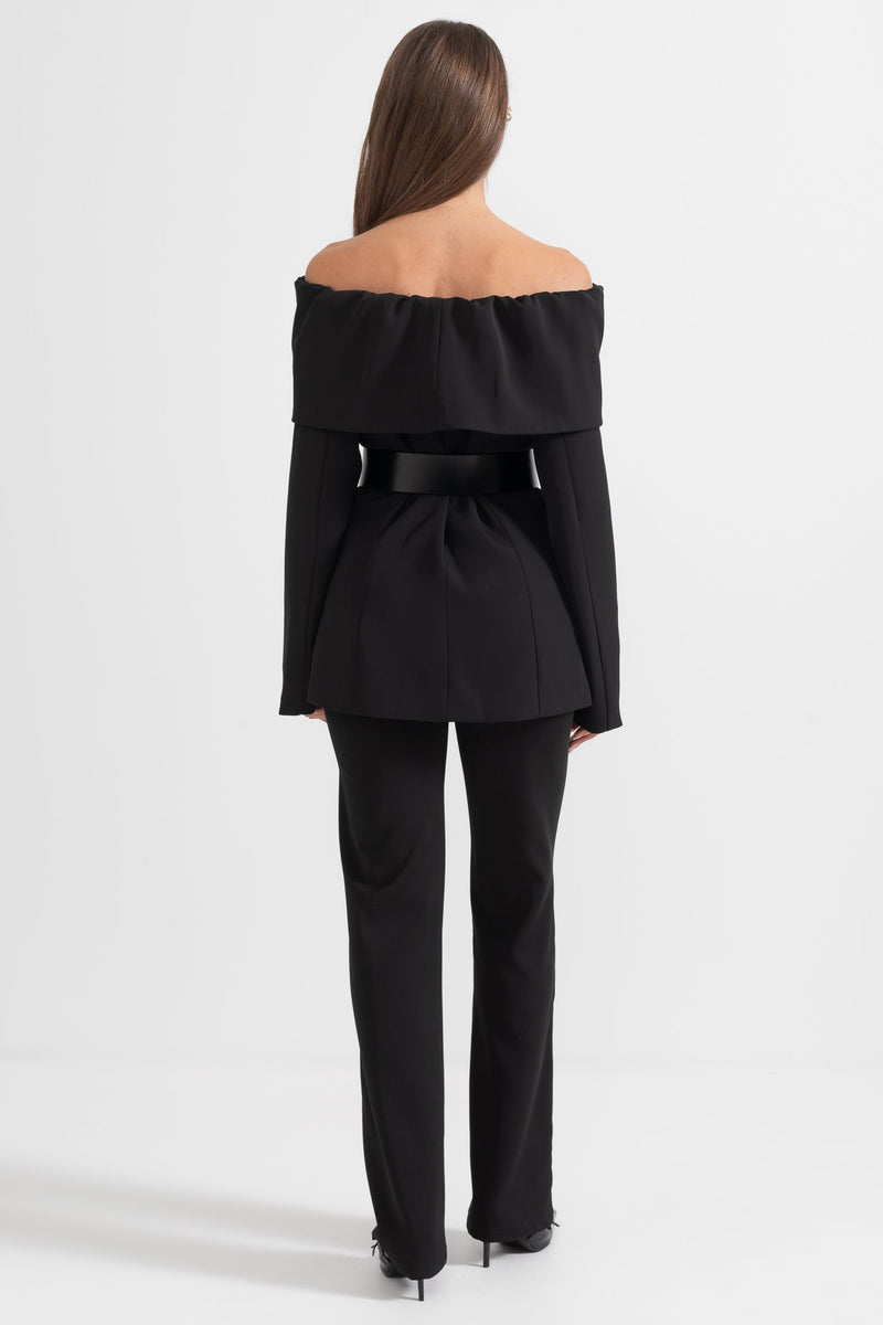 Damen Zweiteiler mit schulterfreiem Blazer, langen Ärmeln und langer Hose