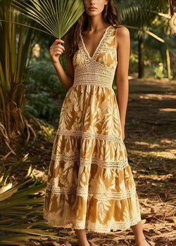 Italienisches Sommer-Sonnenkleid mit Khaki-Print, Patchwork und Spitze