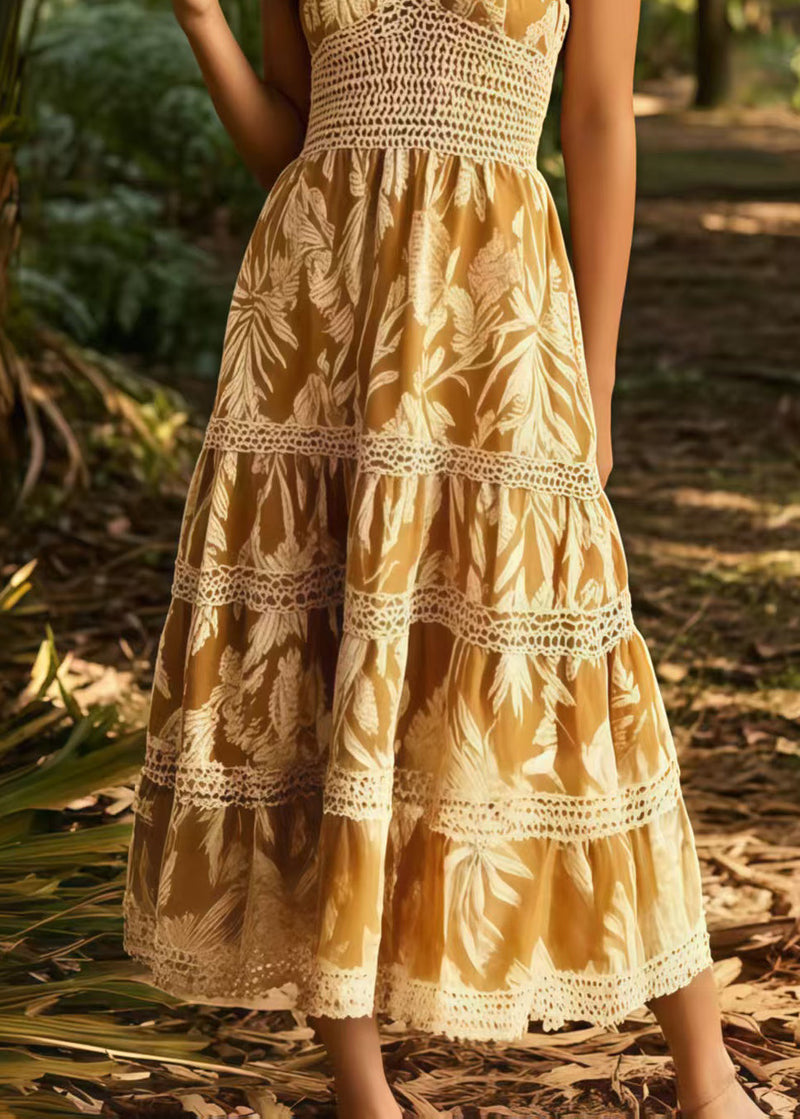Italienisches Sommer-Sonnenkleid mit Khaki-Print, Patchwork und Spitze
