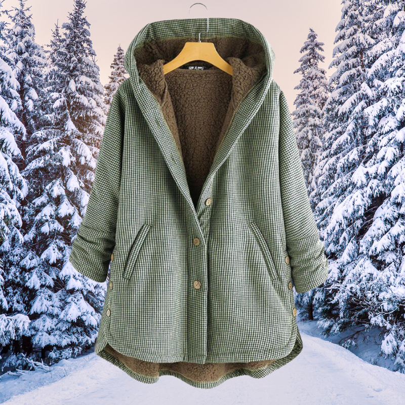 Cassandra - Damen Plaid Fleece-gefütterte Jacke mit Kapuze und Knopfverschluss