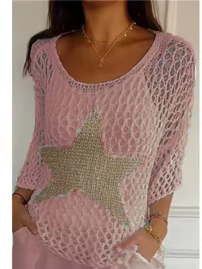 Damenmode Rundhals-Crochet-Strick-Top aus Netz