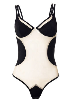 Trendy Schwarzer Tüll Patchwork Sexy Transparenter Bodysuit