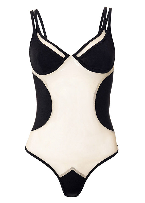 Trendy Schwarzer Tüll Patchwork Sexy Transparenter Bodysuit
