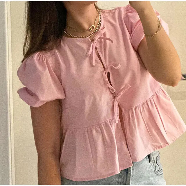 Bluse mit Leopardenmuster, Puffärmel und Schleifenakzent