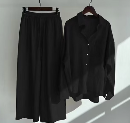 Entspanntes Leinenblusen- und Weitbein-Hosen-Set