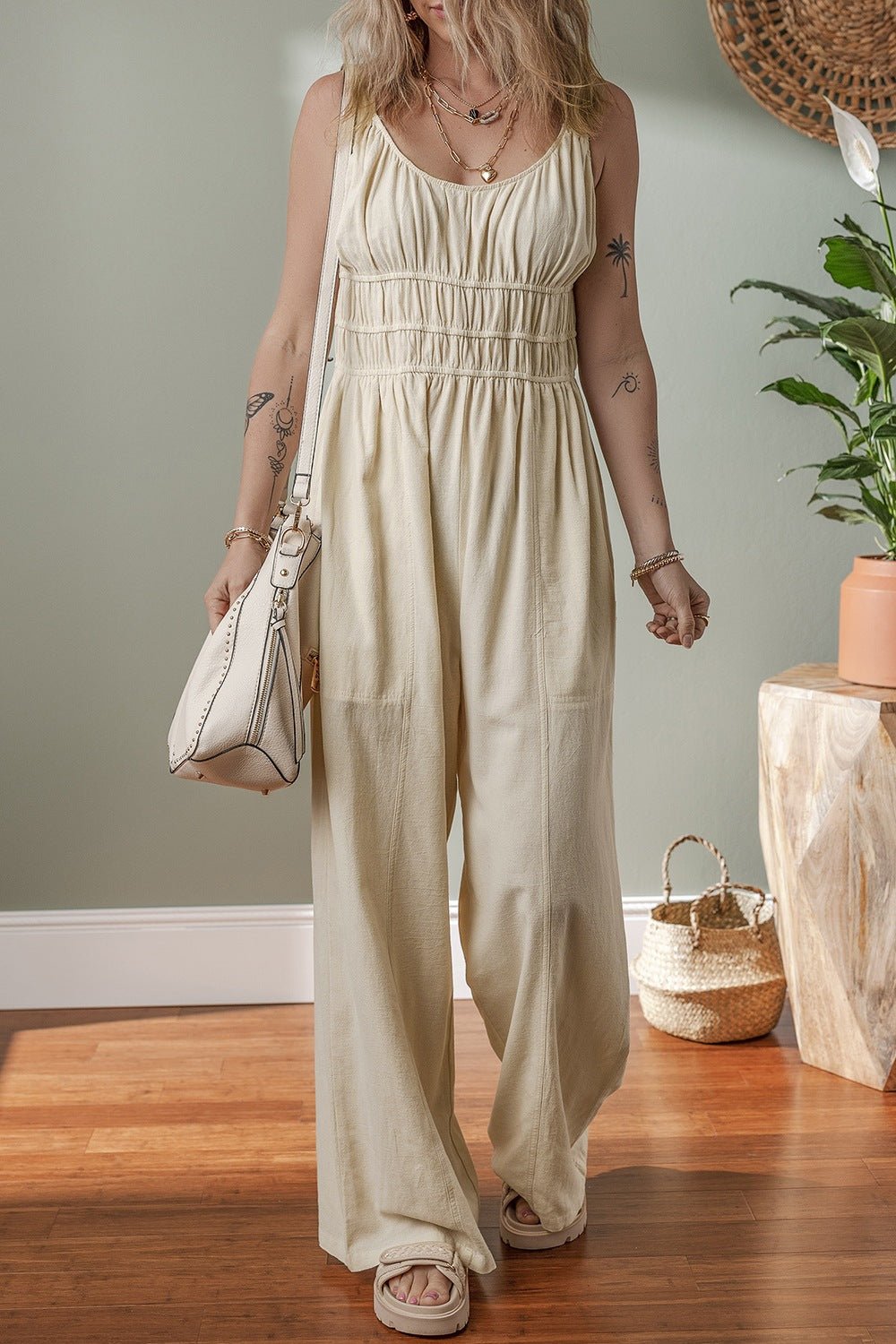 Ärmelloser Jumpsuit mit gerafftem Oberteil und weitem Bein für Damen - Livezo