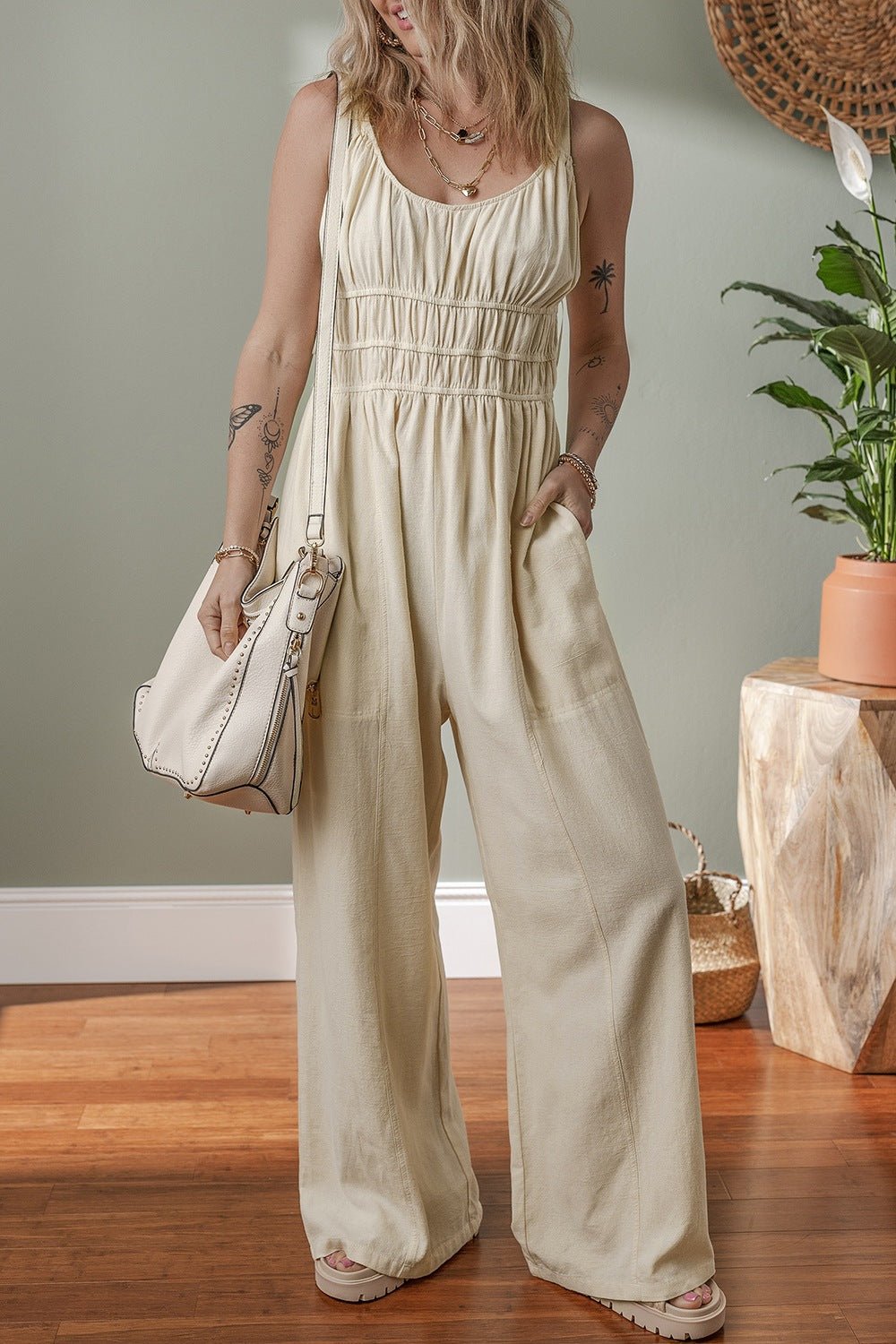 Ärmelloser Jumpsuit mit gerafftem Oberteil und weitem Bein für Damen - Livezo