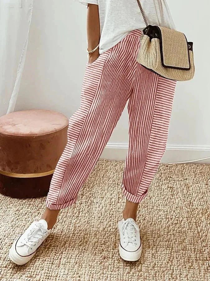 Avery | Damen Gestreifte Leinenhose | Luftige Sommerhose mit weitem Schnitt - Livezo