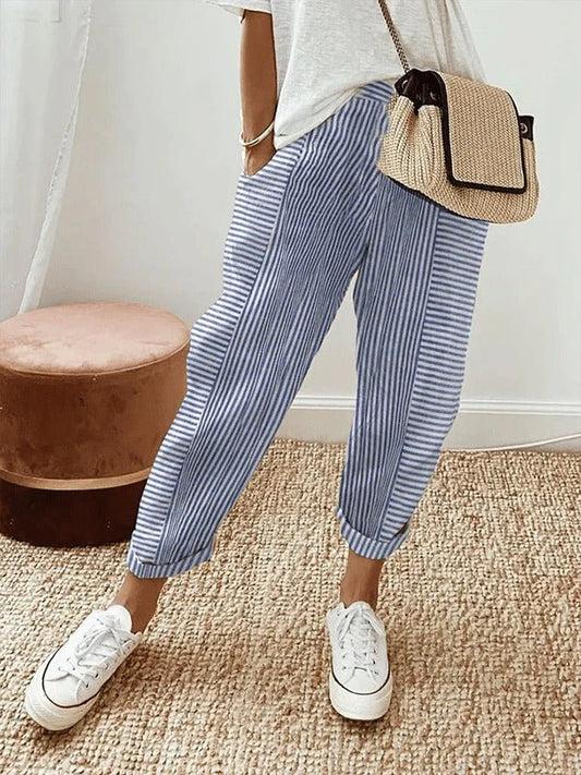 Avery | Damen Gestreifte Leinenhose | Luftige Sommerhose mit weitem Schnitt - Livezo