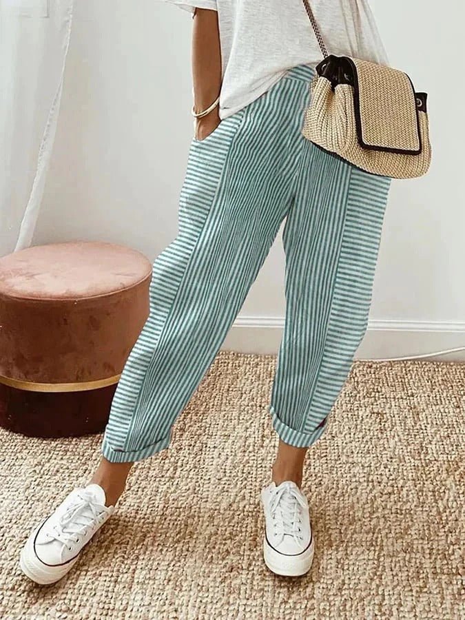 Avery | Damen Gestreifte Leinenhose | Luftige Sommerhose mit weitem Schnitt - Livezo
