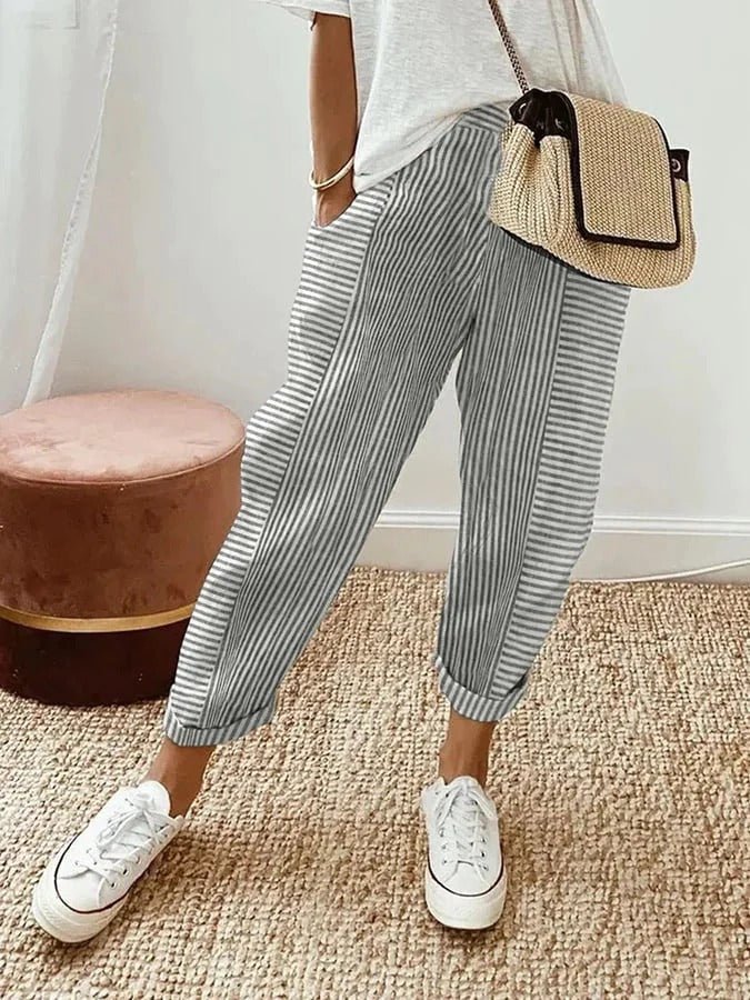 Avery | Damen Gestreifte Leinenhose | Luftige Sommerhose mit weitem Schnitt - Livezo