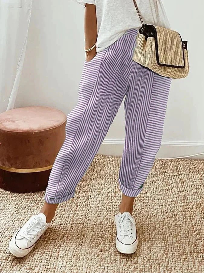 Avery | Damen Gestreifte Leinenhose | Luftige Sommerhose mit weitem Schnitt - Livezo