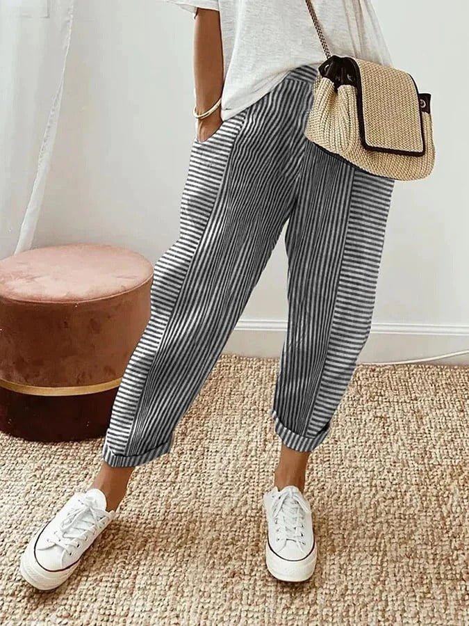 Avery | Damen Gestreifte Leinenhose | Luftige Sommerhose mit weitem Schnitt - Livezo