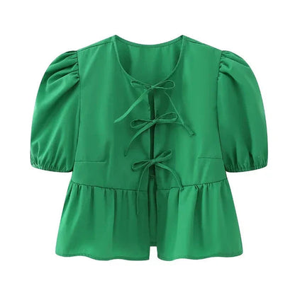 Bluse mit Leopardenmuster, Puffärmel und Schleifenakzent