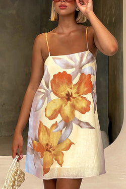 Mini Kleid aus Leinenmischung mit Blumenmuster und Trägern