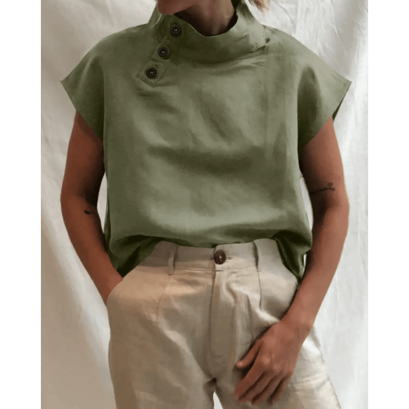 Baumwoll - Leinen - Bürobluse mit Knopfdetails - Livezo