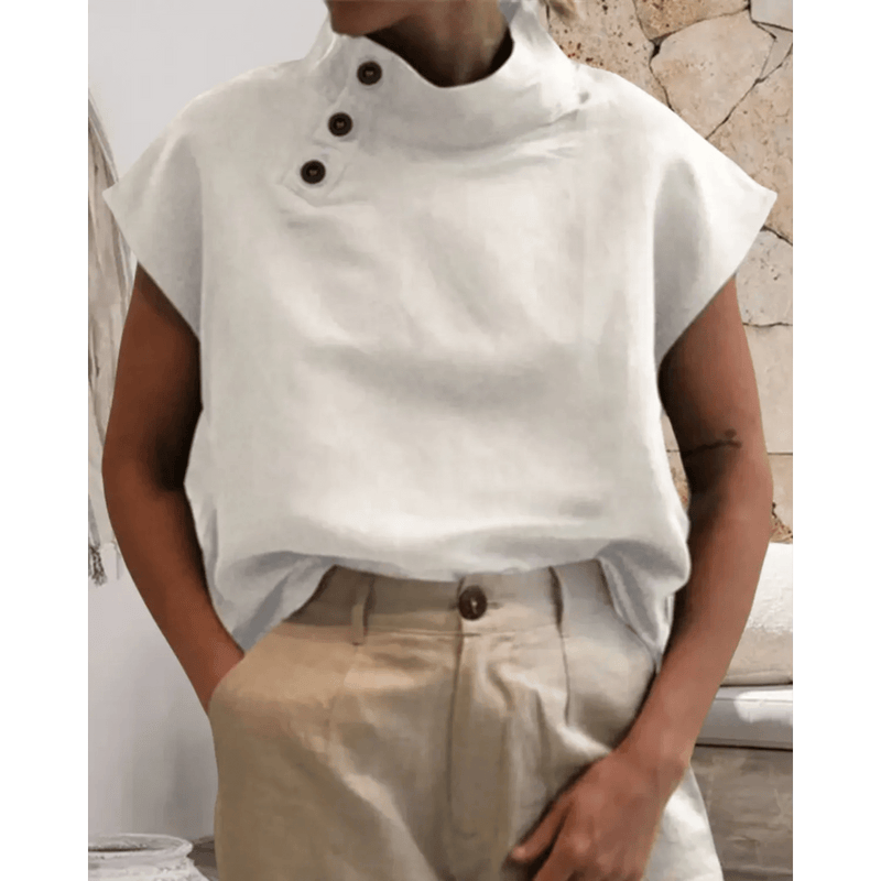 Baumwoll - Leinen - Bürobluse mit Knopfdetails - Livezo