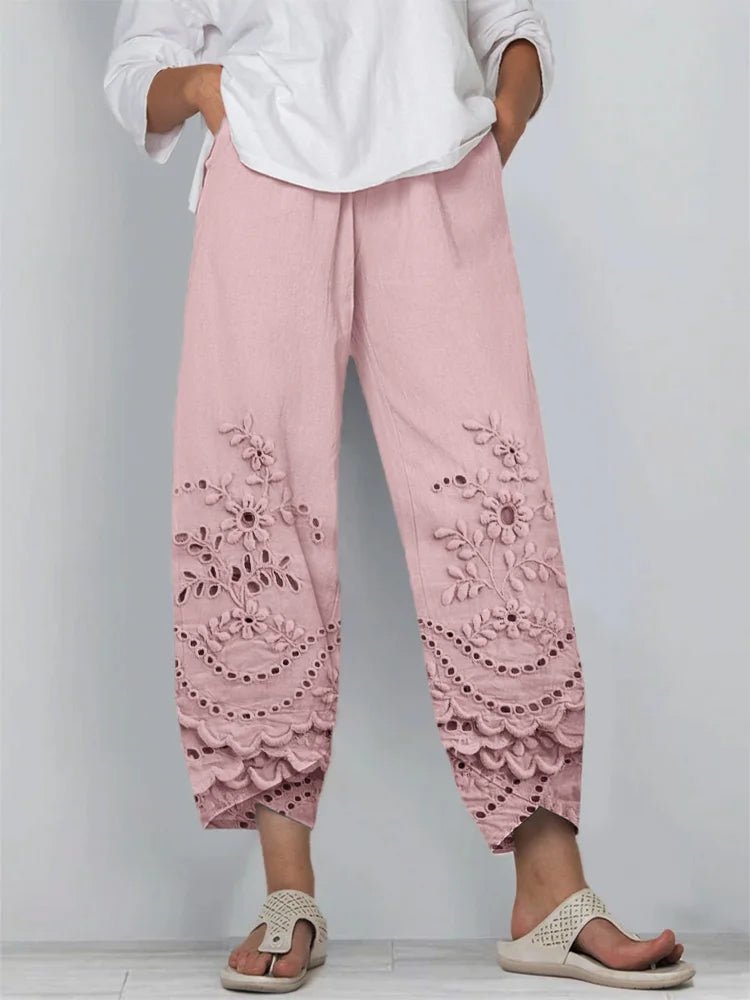 Bestickte Leinen - Caprihose mit Blumen & Spitzenbund - Livezo