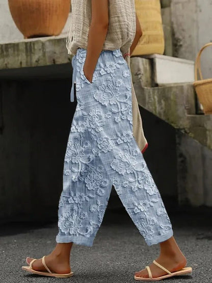 Bestickte Leinenhose mit Spitze & Blumenmuster Damen - Livezo