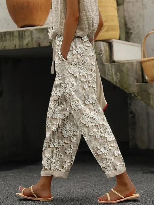 Bestickte Leinenhose mit Spitze & Blumenmuster Damen - Livezo