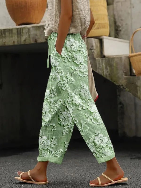Bestickte Leinenhose mit Spitze & Blumenmuster Damen - Livezo