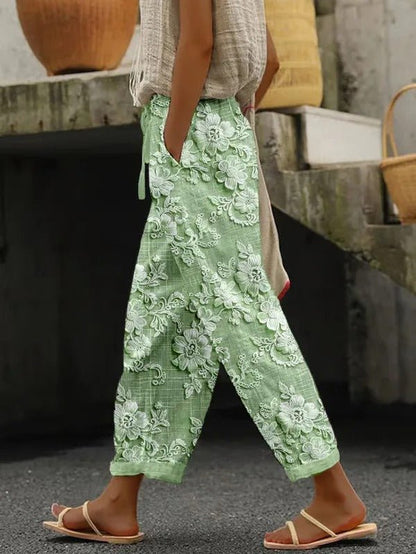 Bestickte Leinenhose mit Spitze & Blumenmuster Damen - Livezo