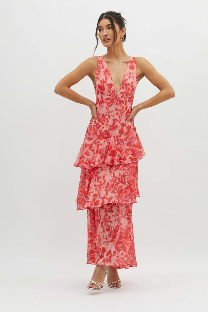 Maxikleid mit Blumenmuster, Rüschen und Trägern, sommerlich schick