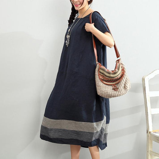Blaues Übergröße Leinen - Sommerkleid mit Schlitzhalsausschnitt Maxi - Design - Livezo