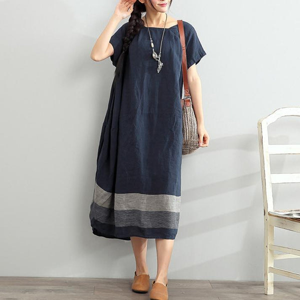 Blaues Übergröße Leinen - Sommerkleid mit Schlitzhalsausschnitt Maxi - Design - Livezo