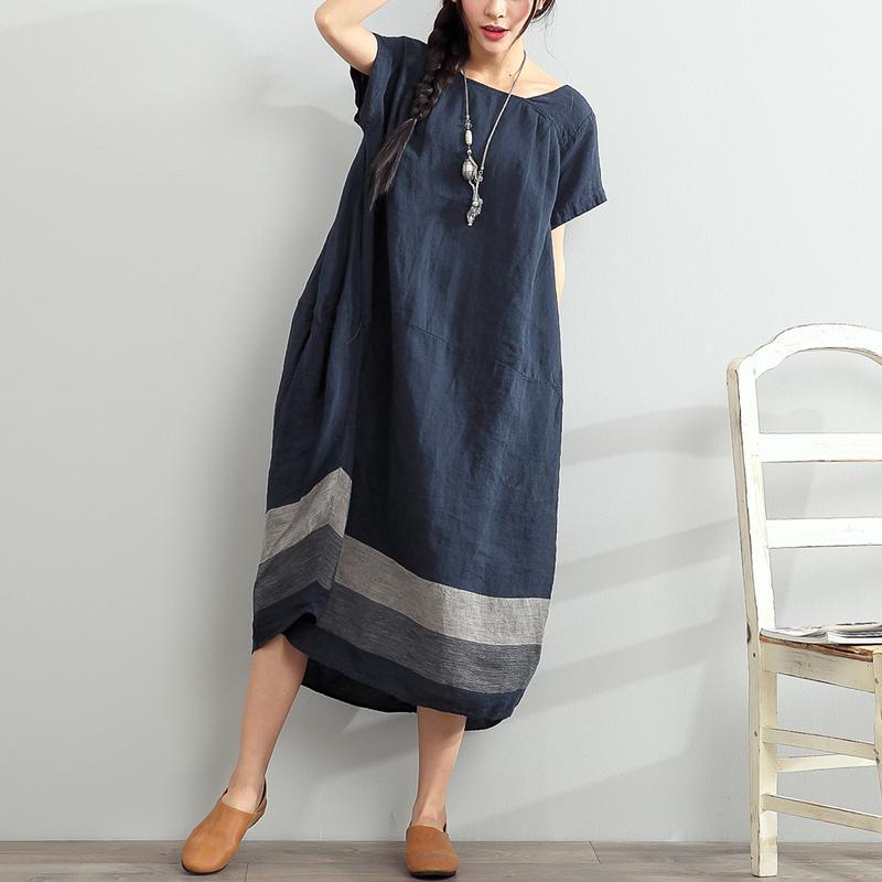 Blaues Übergröße Leinen - Sommerkleid mit Schlitzhalsausschnitt Maxi - Design - Livezo