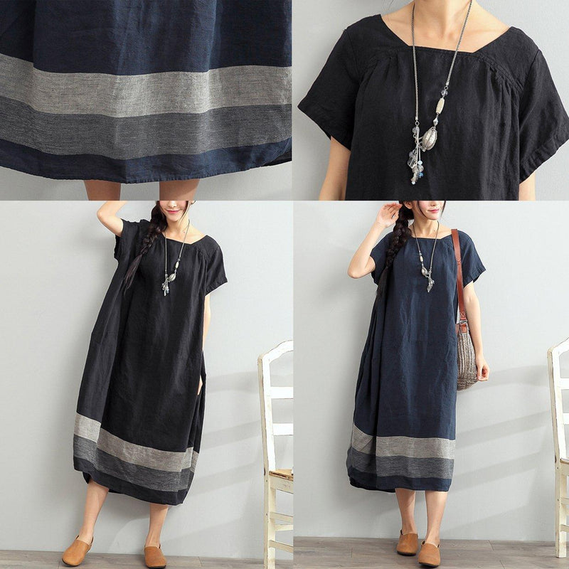 Blaues Übergröße Leinen - Sommerkleid mit Schlitzhalsausschnitt Maxi - Design - Livezo