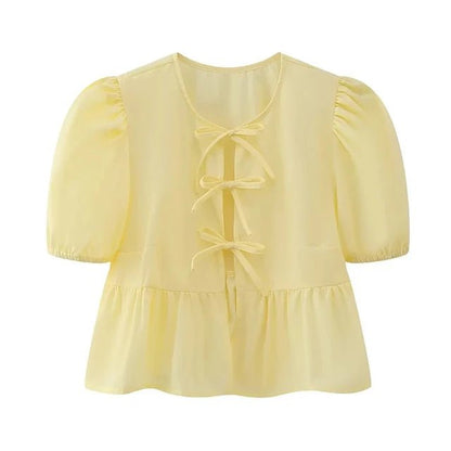 Bluse mit Leopardenmuster, Puffärmel und Schleifenakzent - Livezo