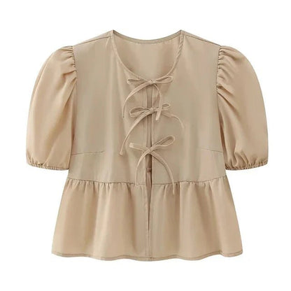 Bluse mit Leopardenmuster, Puffärmel und Schleifenakzent - Livezo