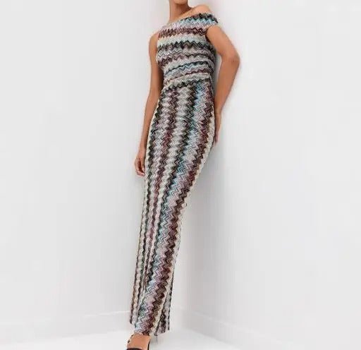 Buntes Maxikleid mit Zickzackmuster, Ein - Schulter - Design und Schlitz - Livezo