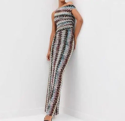 Buntes Maxikleid mit Zickzackmuster, Ein - Schulter - Design und Schlitz - Livezo