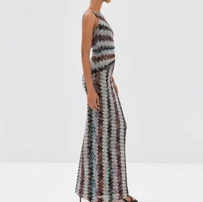 Buntes Maxikleid mit Zickzackmuster, Ein - Schulter - Design und Schlitz - Livezo