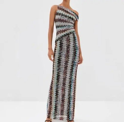 Buntes Maxikleid mit Zickzackmuster, Ein - Schulter - Design und Schlitz - Livezo