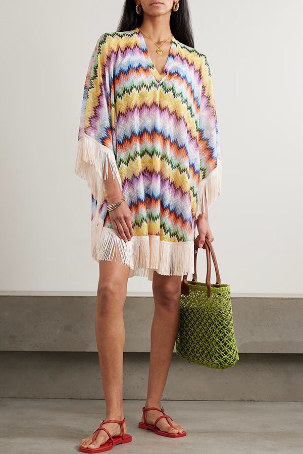 Buntes Zickzack - Strick - Kaftankleid mit Quastenbesatz, locker, Mini - Livezo