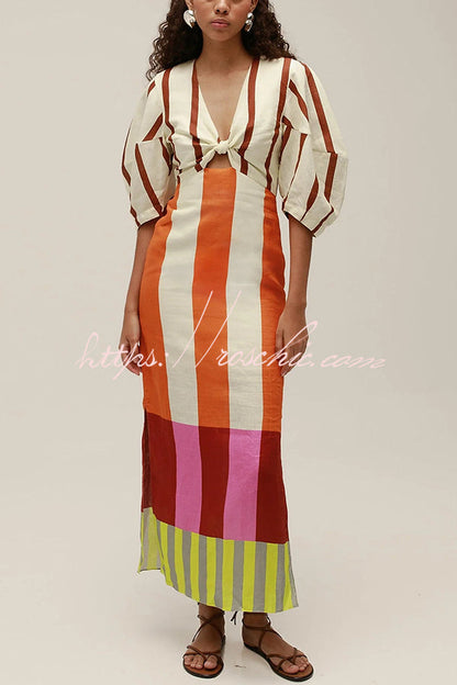 Leinenmischung Color Block Kleid mit Knoten, Ausschnitt, Puffärmeln und Maxi-Länge