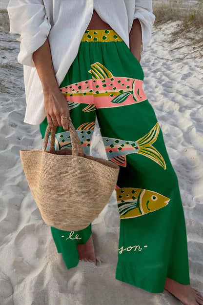 Hosen mit maritimem Print, elastischem Bund, lockerem Schnitt und Taschen