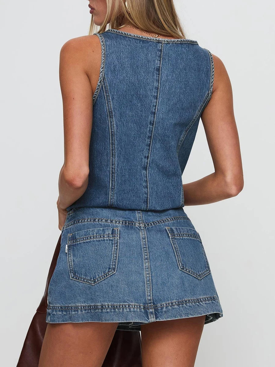 Legeres Jeans-Crop-Top mit Knoten vorne und Minirock Set