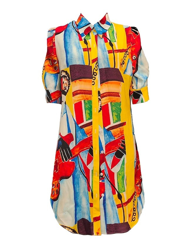 Farbenfrohes, kunstinspiriertes Hemdkleid mit Knopfleiste