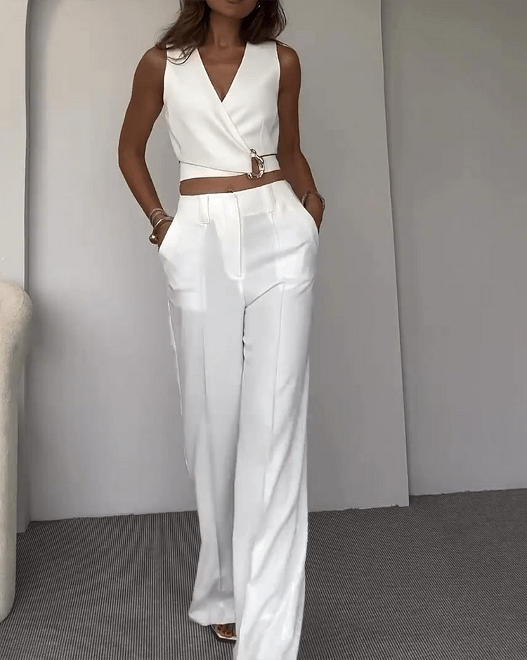 Christina - Schlichte Schnalle Weste & Hose Anzug Set - Livezo